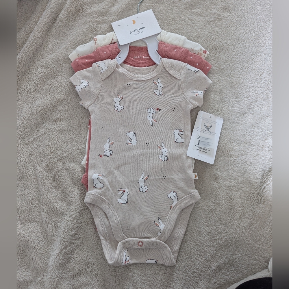 Petit Lem Baby Bodysuits - Cream, Pink, Bunnies, 3M